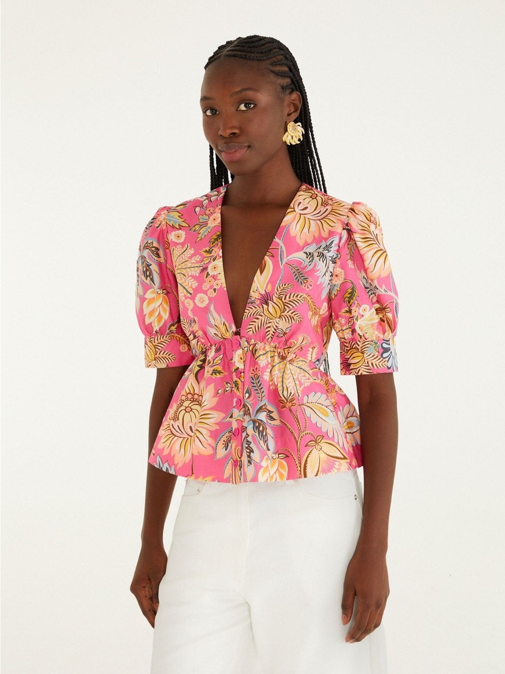 NWT Farm Rio Pink Ligia Floral Short Puff Sleeve Blouse Top S